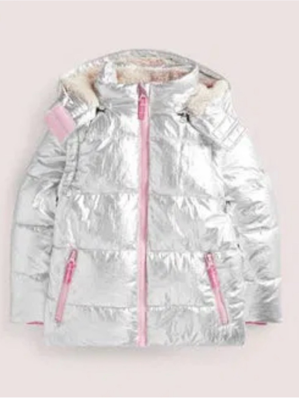 Boden Girls' Metallic Silver Puffer Jacket with Pink Trim. Size 11-12